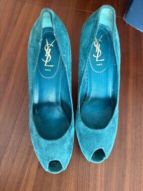 YSL Saint Laurent Teal Suede Peep Toe Platform Stilettos